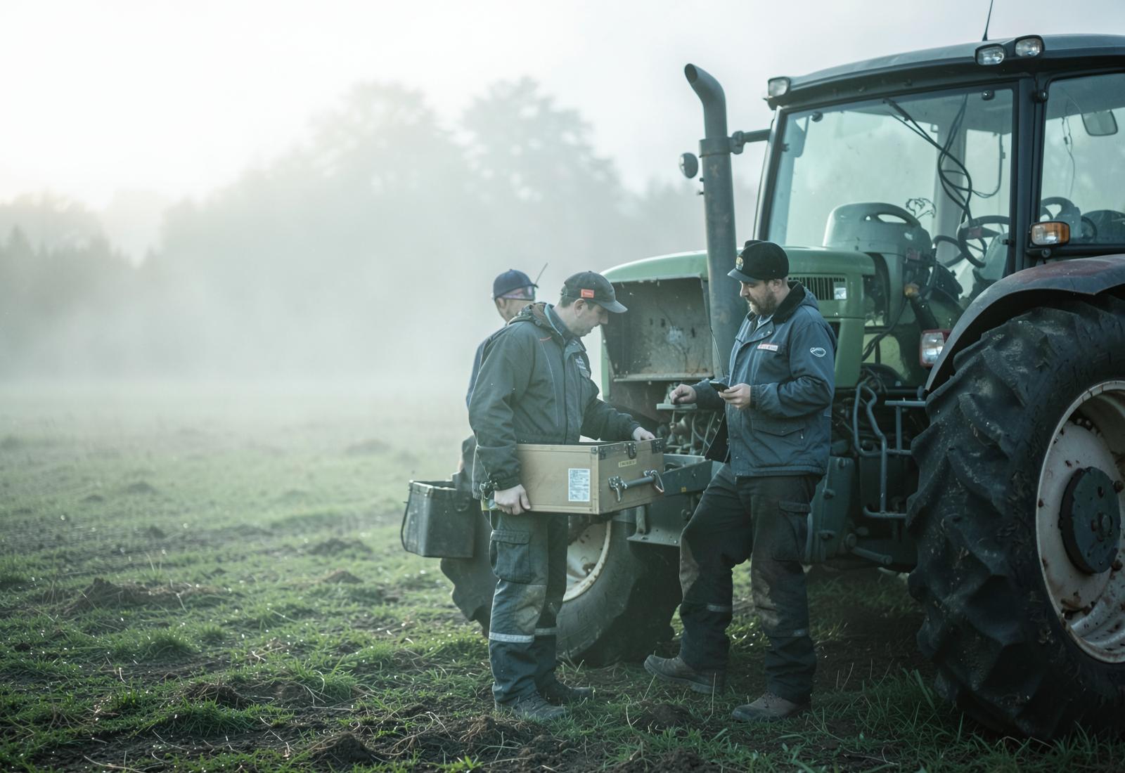 Två servicetekniker planerar dagens jobb vid en traktor på ett fält tidig morgon